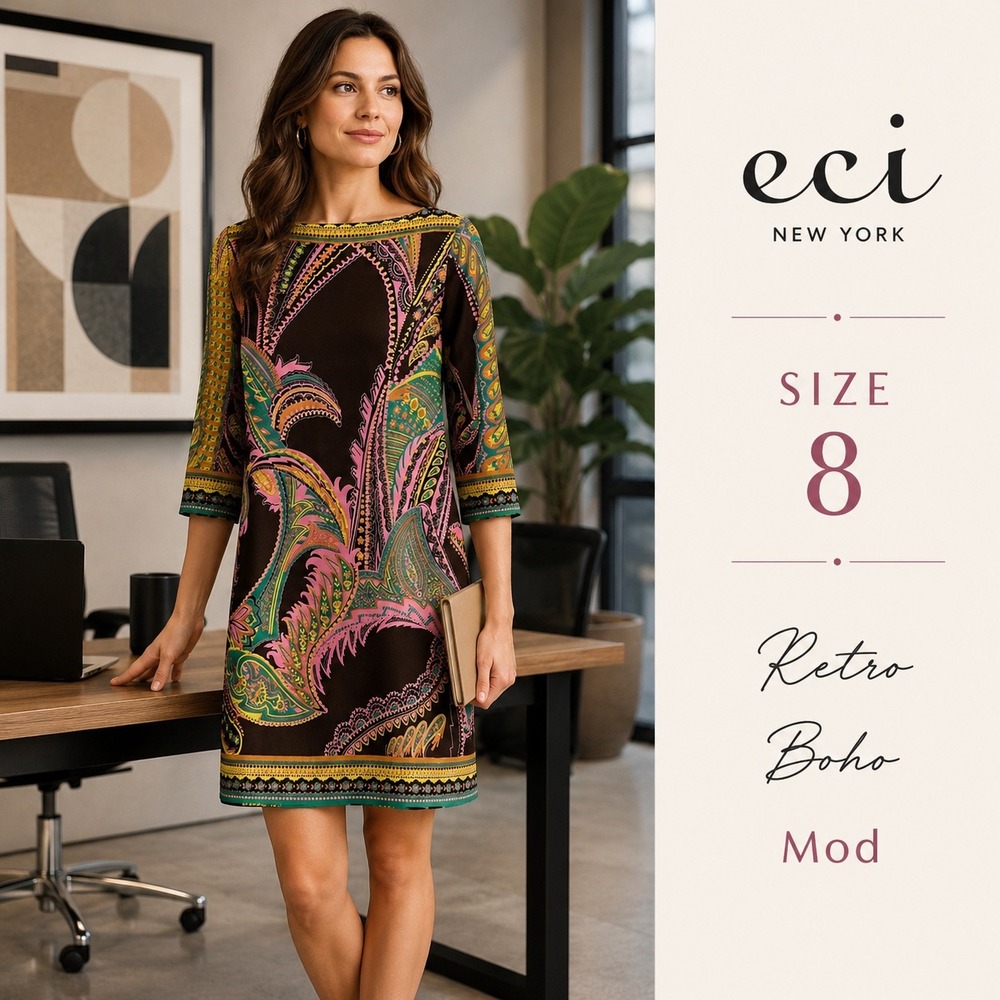 ECI Shift Dress Womens 8 Mini Brown Pink Paisley 3/4 Sleeve Jersey Boho Eclectic